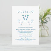Blue Whimsical Flourish Monogram Wedding Invite Kaart (Staand voorkant)