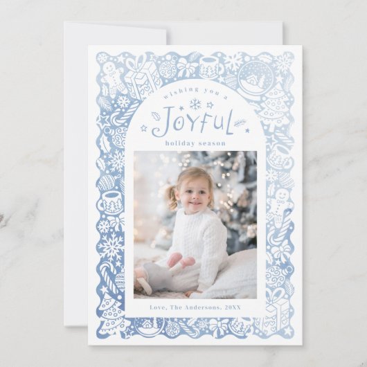 Blue Whimsical Hand Drawn Joyful Holiday Photo Feestdagenkaart (Voorkant)