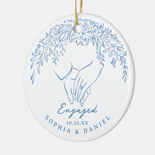 Blue Whimsical Hands Our First Christmas Engaged Keramisch Ornament (Links)