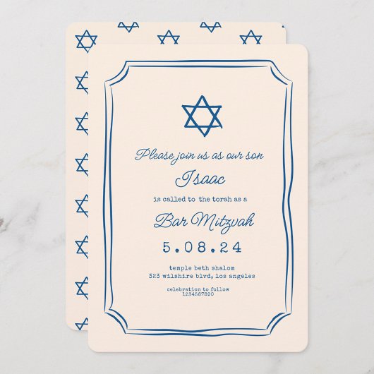 Blue Whimsical Handwriting Bar Mitzvah Invitation