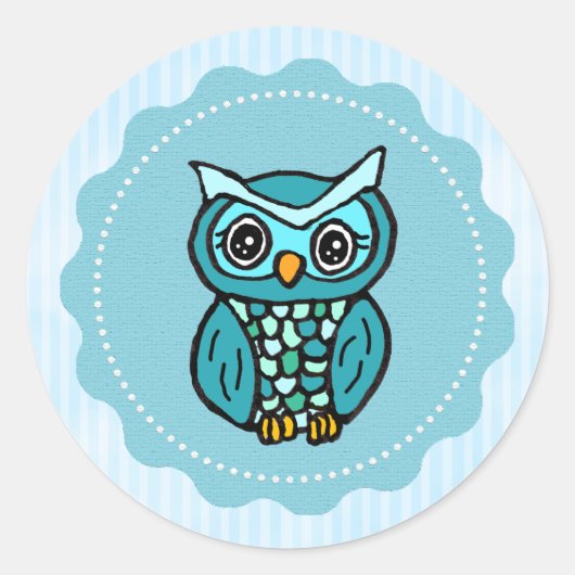 Blue Whimsical Owl Ronde Sticker (Voorkant)