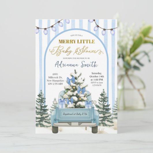 Blue Whimsical Stripes Merry Little Baby Shower Kaart (Staand voorkant)