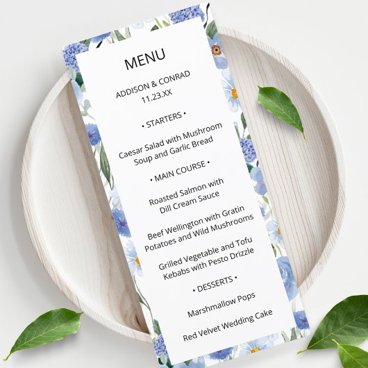 Blue Whimsical Watercolor Garden Menu de mariage