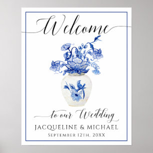 Blue White Bird Floral China Vase Welcome Weddensc Poster