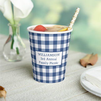 Blue White Buffalo Check Jouw naam Family Picnic Papieren Bekers