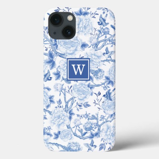Blue White Chinoiserie Bird Peony Garden Monogram Case-Mate iPhone Case (Achterkant)