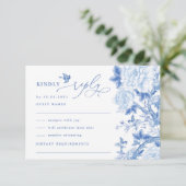 Blue White Chinoiserie Bird Peony Wedding RSVP Kaart (Staand voorkant)