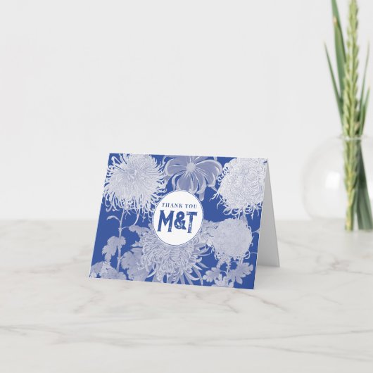 Blue White  Chinoiserie Floral Monogram Bedankkaart (Voorkant)