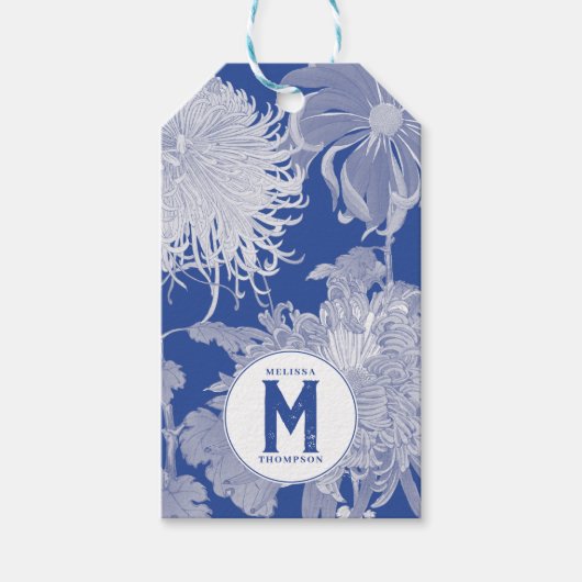 Blue White  Chinoiserie Floral Monogram Cadeaulabel (Voorkant)