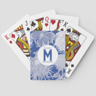 Blue White Chinoiserie Floral Monogram Pokerkaarten