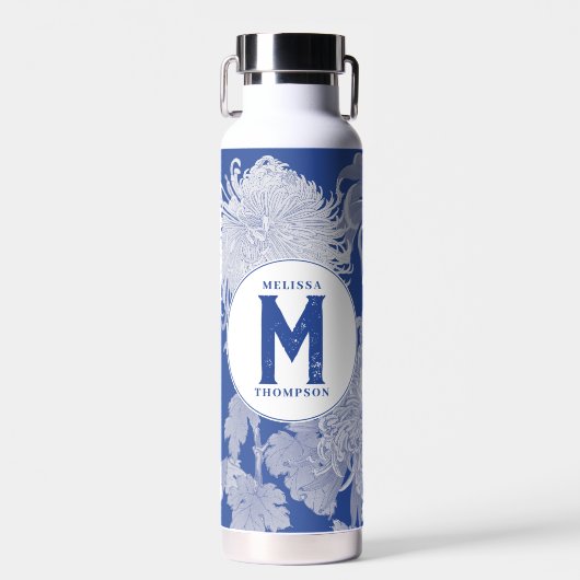 Blue White  Chinoiserie Floral Monogram Waterfles (Voorkant)