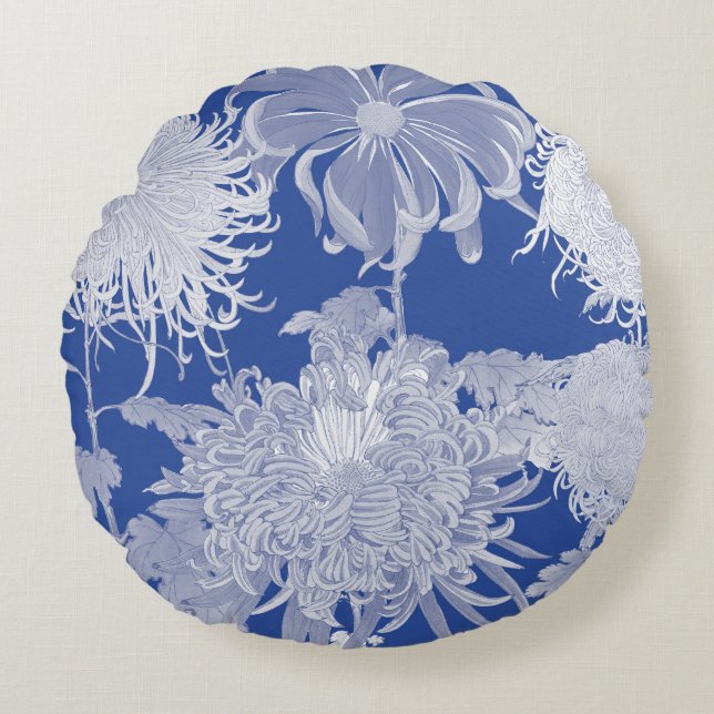 Blue White  Chinoiserie Floral Rond Kussen (Voorkant)
