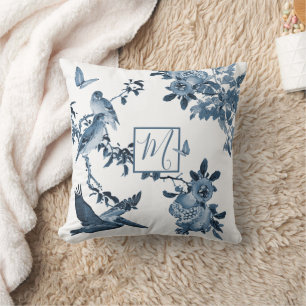 Blue White Chinoiserie Floral Stylish Monogram Kussen