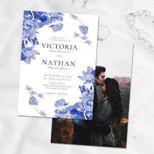 Blue White Chinoiserie Floral with Photo Wedding Kaart