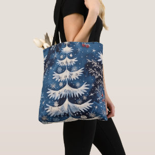 Blue White Christmas Tree Holiday Canvas tas