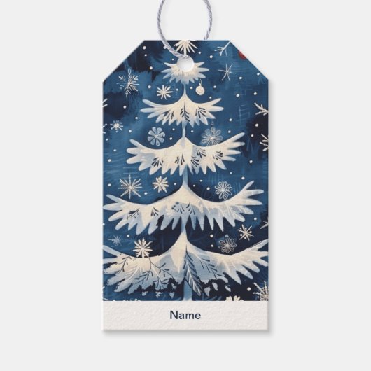 Blue White Christmas Tree Holiday Gift Label Cadeaulabel (Voorkant)