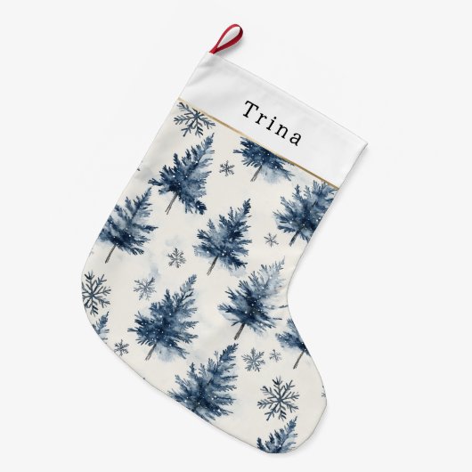 Blue White Christmas Trees Snowflakes Grote Kerstsok (Voorkant (Hangend))