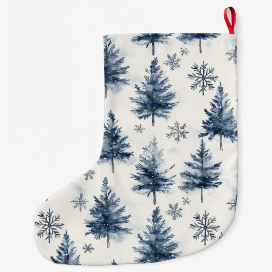 Blue White Christmas Trees Snowflakes Grote Kerstsok (Achterkant)