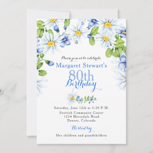 Blue White Country Daisy 80th Birthday Invite Kaart (Voorkant)
