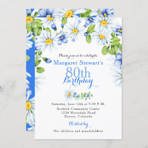 Blue White Country Daisy 80th Birthday Invite Kaart