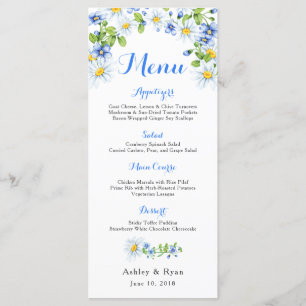 Blue White Country Daisy Floral Mariage Menu