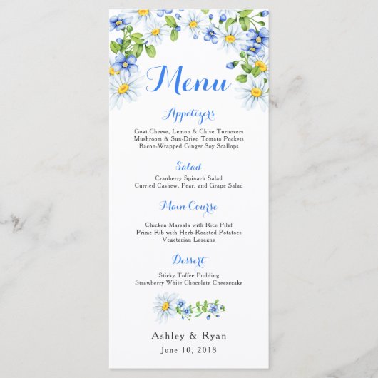 Blue White Country Daisy Floral Mariage Menu (Devant)