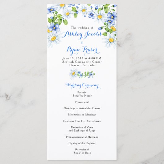 Blue White Country Daisy Floral Wedding Programme (Devant)