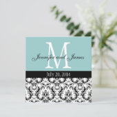 Blue White Damask Monogram Weddenschap Kaart (Staand voorkant)