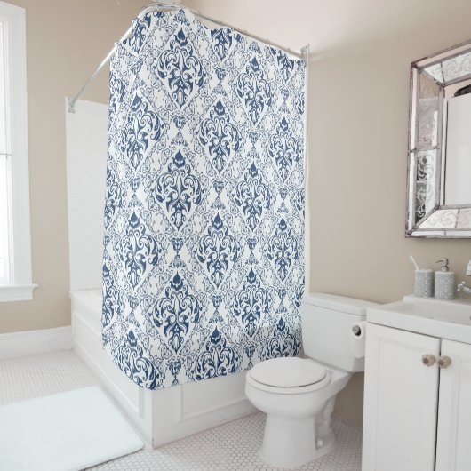 Blue White  Damask Pattern Elegant Douchegordijn (In situ)