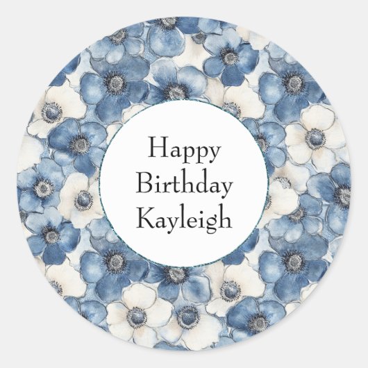 Blue White Denim Flowers Birthday Ronde Sticker (Voorkant)