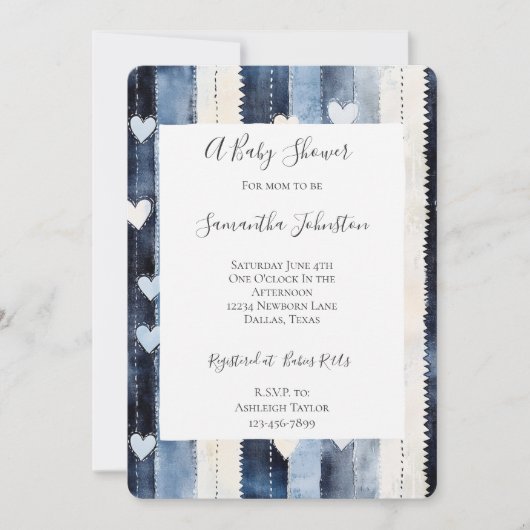 Blue White Denim Heart Stripes Baby shower Kaart (Voorkant)