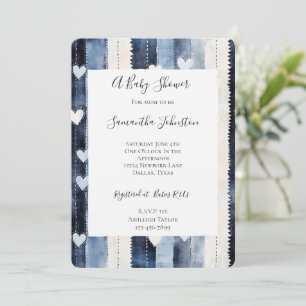 Blue White Denim Heart Stripes Baby shower Kaart