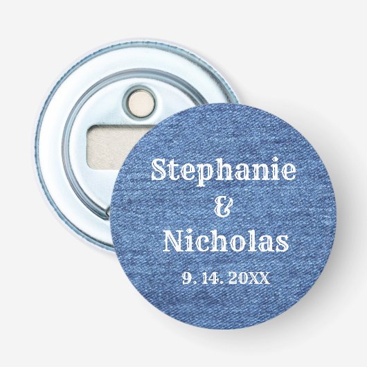 Blue White Denim Theme Wedding Button Flesopener (Voorkant)