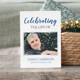 Blue White Elegant Funeral Prayer Card met foto Informatiekaartje