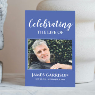 Blue White Elegant Funeral Prayer Card met foto Informatiekaartje