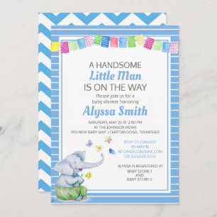 Blue White Elephant Butterflies Baby Boy Shower Kaart