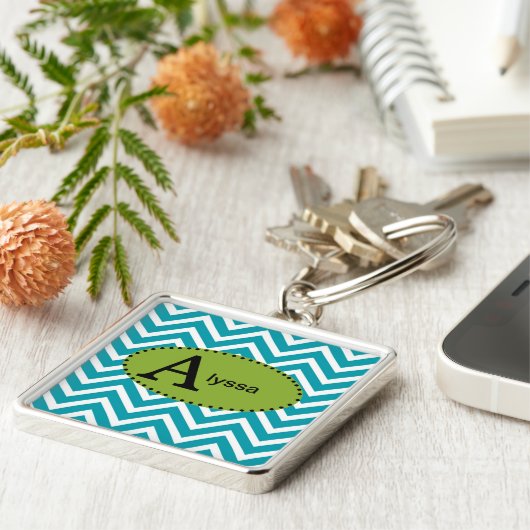 Blue White en Green Chevron Personalized Sleutelha Sleutelhanger (Zijkant)