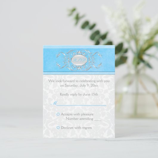 Blue, White en Grey Damask Reply Card Kaart (Staand voorkant)