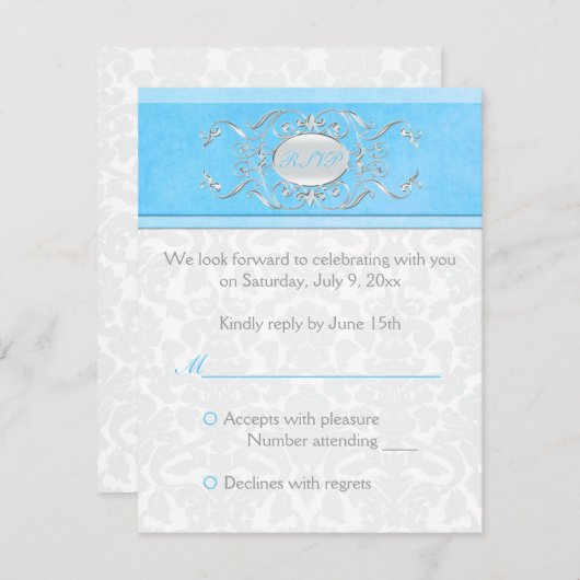 Blue, White en Grey Damask Reply Card Kaart (Voorkant / Achterkant)