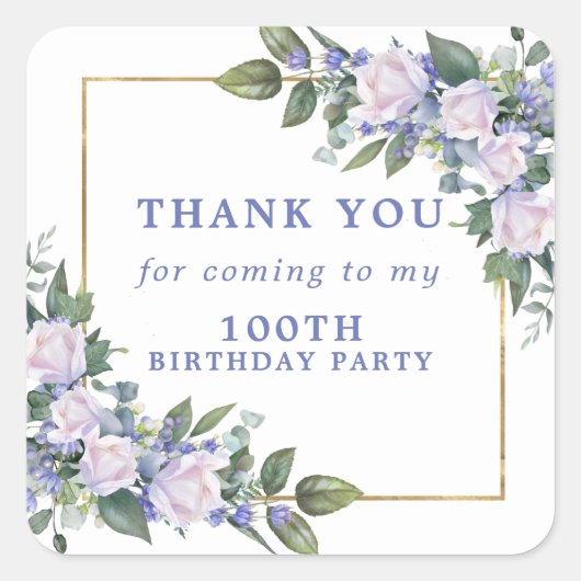 Blue White Floral 100th Birthday Hartelijk dank Vierkante Sticker (Voorkant)
