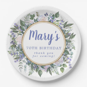 Blue White Floral 70th Birthday Party Papieren Bordje