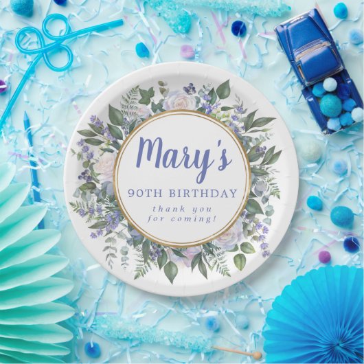 Blue White Floral 90th Birthday Party Papieren Bordje (Feest)