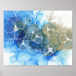 Blue White Floral Abstract 71 Poster