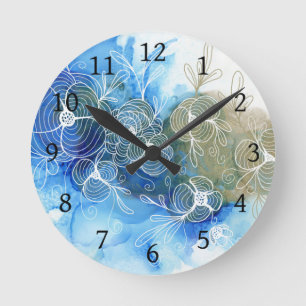 Blue White Floral Abstract 71 Ronde Klok