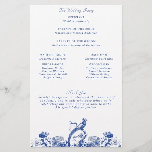 Blue & White Floral China Pattern Wedding Programm (Achterkant)