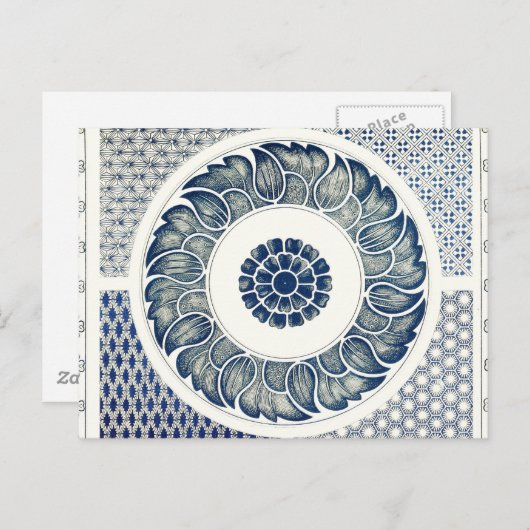 Blue White Floral Chinese Round Briefkaart (Voorkant / Achterkant)