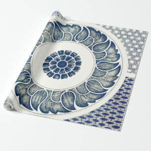 Blue White Floral Chinese Round Cadeaupapier