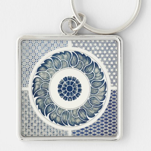 Blue White Floral Chinese Round Sleutelhanger (Voorkant)