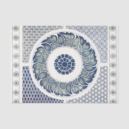 Blue White Floral Chinese Round Tissuepapier (Voorkant)