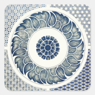 Blue White Floral Chinese Round Vierkante Sticker